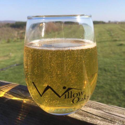 Photo: Sunlight shines through a full glass of Willow Oaks cider on the deck railing.